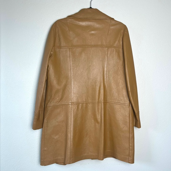 70s vintage genuine leather jacket light brown long coat trench large oversized - Picture 4 of 11